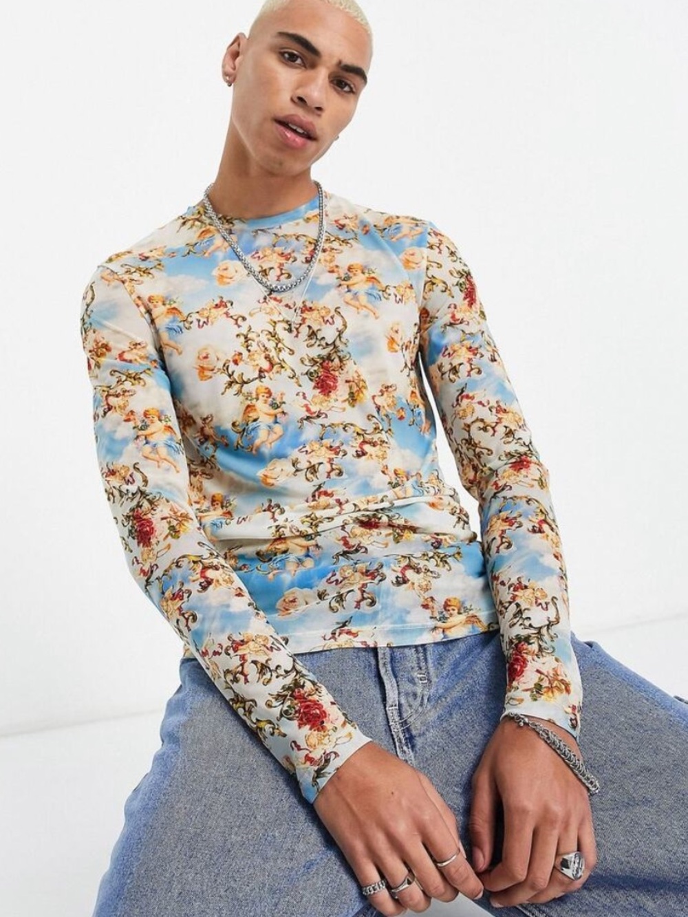Asos Men's Rococo Floral Angels sheer mesh Shirt Top Tee Long-Sleeve